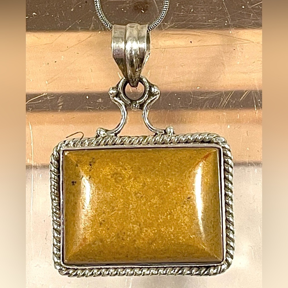 Navajo Sterling Braided Bezel Set Natural Yellow Jasper Square Stone Pendant